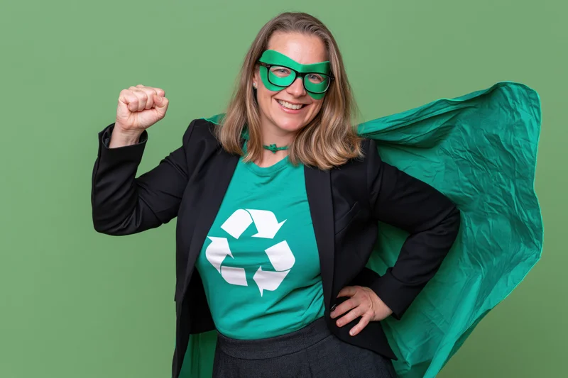 Woman superhero in green cape and recycling tshirt posing with fist raised and confident smile