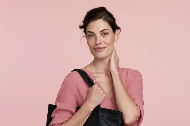 Woman smiling softly with hand on neck holding black tote bag against pink background
