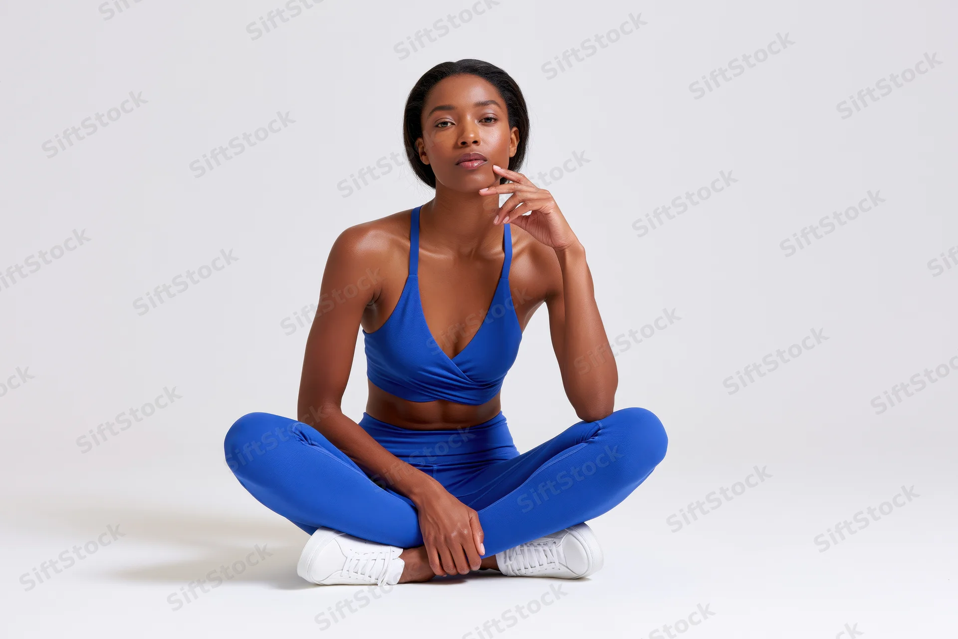 Fit woman sitting cross-legged on white studio floor in blue sportswear