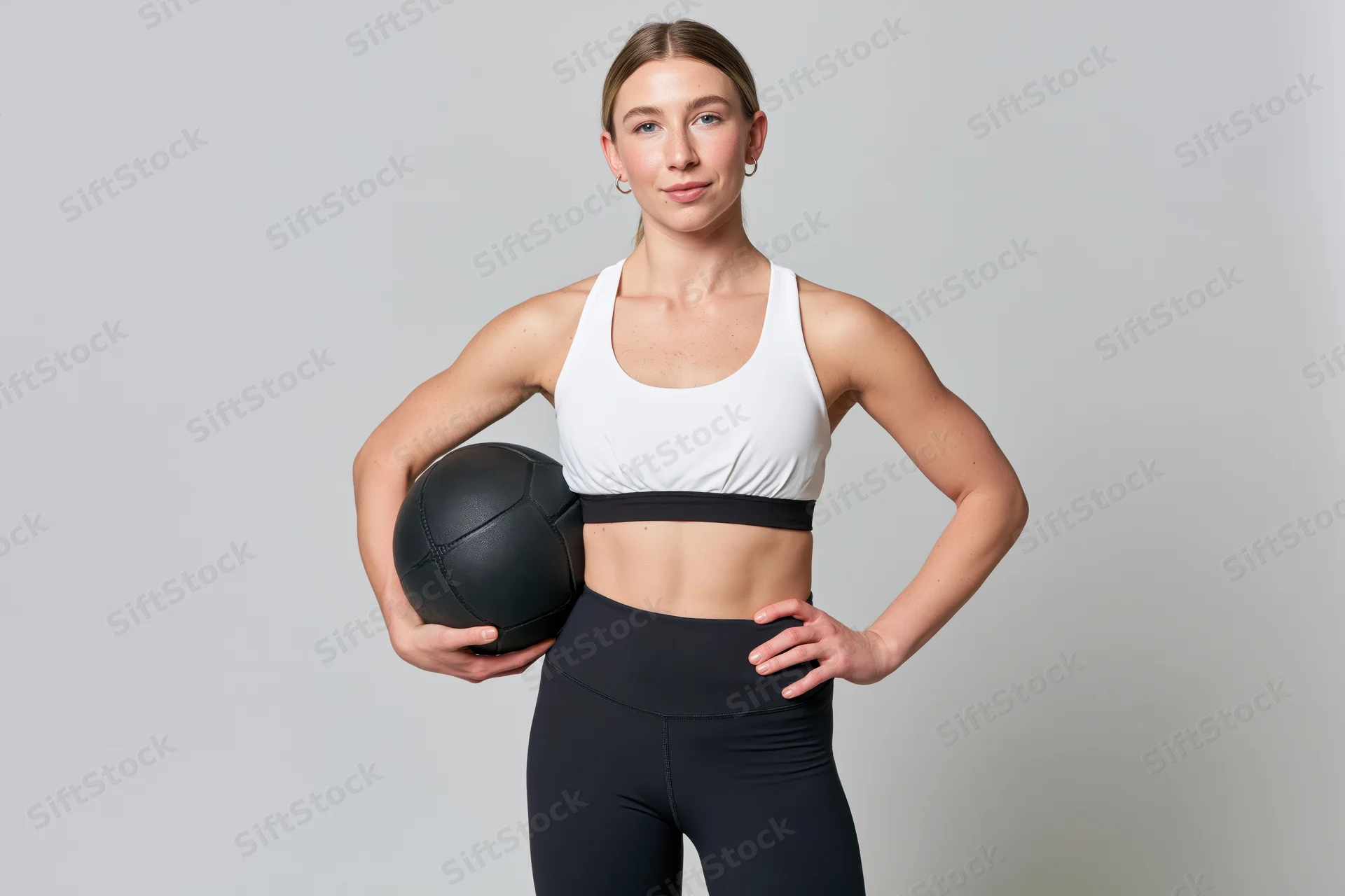 Woman holding a black fitness ball with one hand on hip in a neutral studio setting