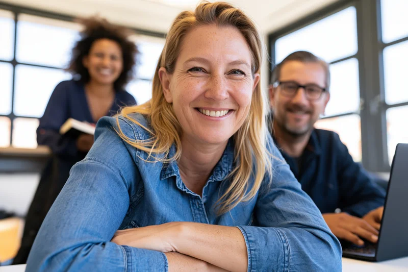 Woman smiling at camera with colleagues in office setting