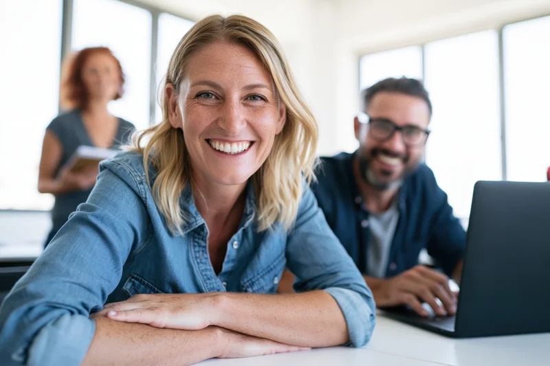 Woman smiling at camera with colleagues working at desk in office