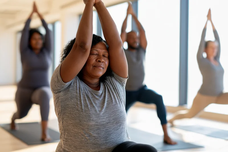 Black senior woman practicing yoga with arms raised in a sunlit studio with others in background