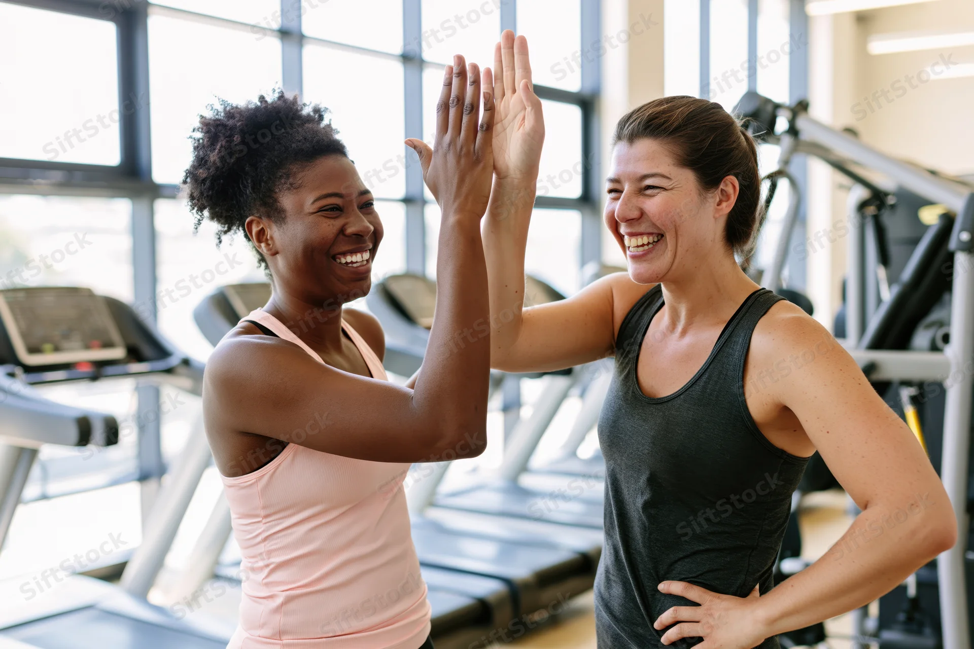 Two women smiling and high-fiving in a gym with treadmills behind them