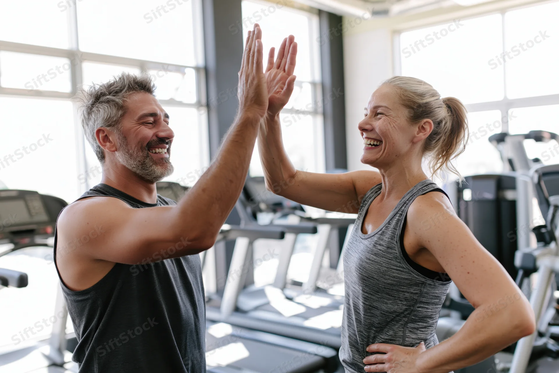 Man and woman smiling while giving each other a high-five in a gym