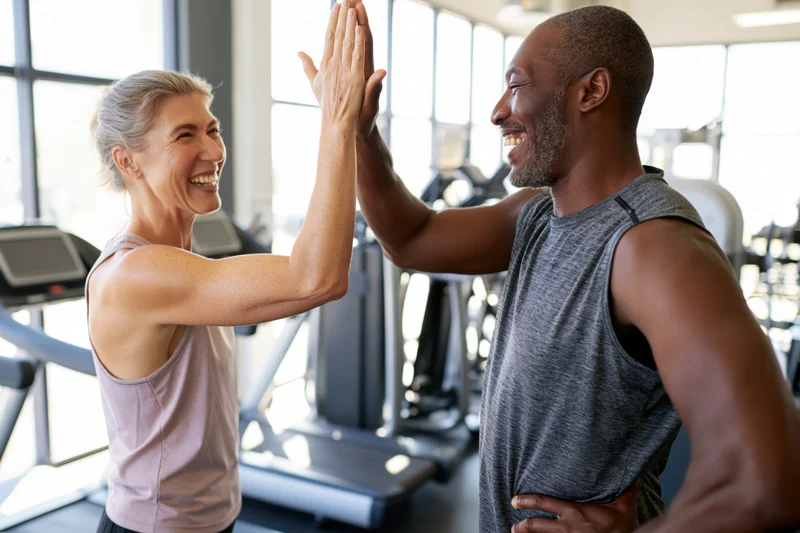 Two athletes smiling and high-fiving in a gym