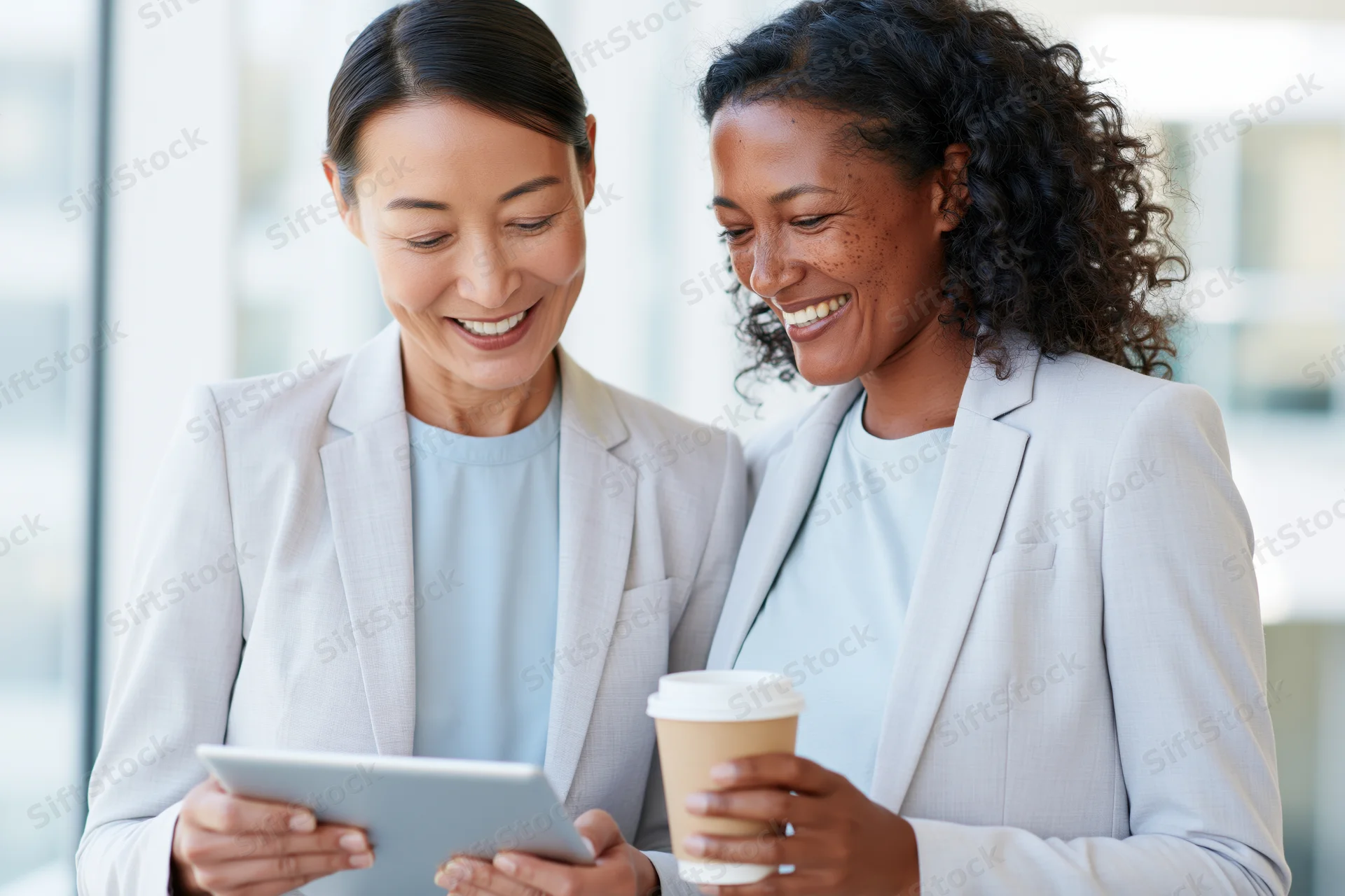 Two women smiling while looking at a tablet in an office