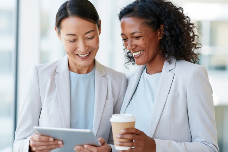 Two women smiling while looking at a tablet in an office