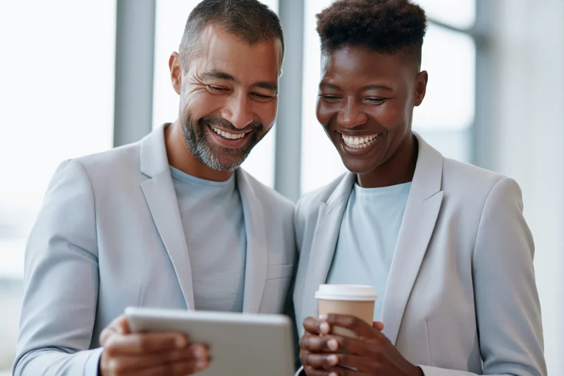 Two coworkers smiling while looking at a tablet together in a modern office