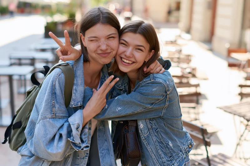 Two young women hugging and making peace signs outdoors at a sunny cafe