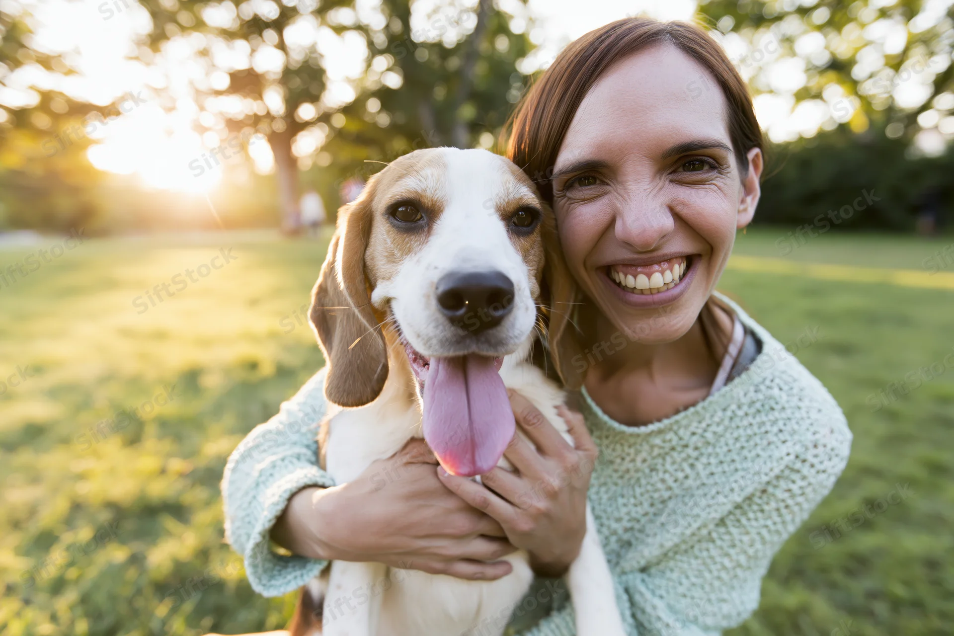 Woman hugging a beagle in a sunlit park field