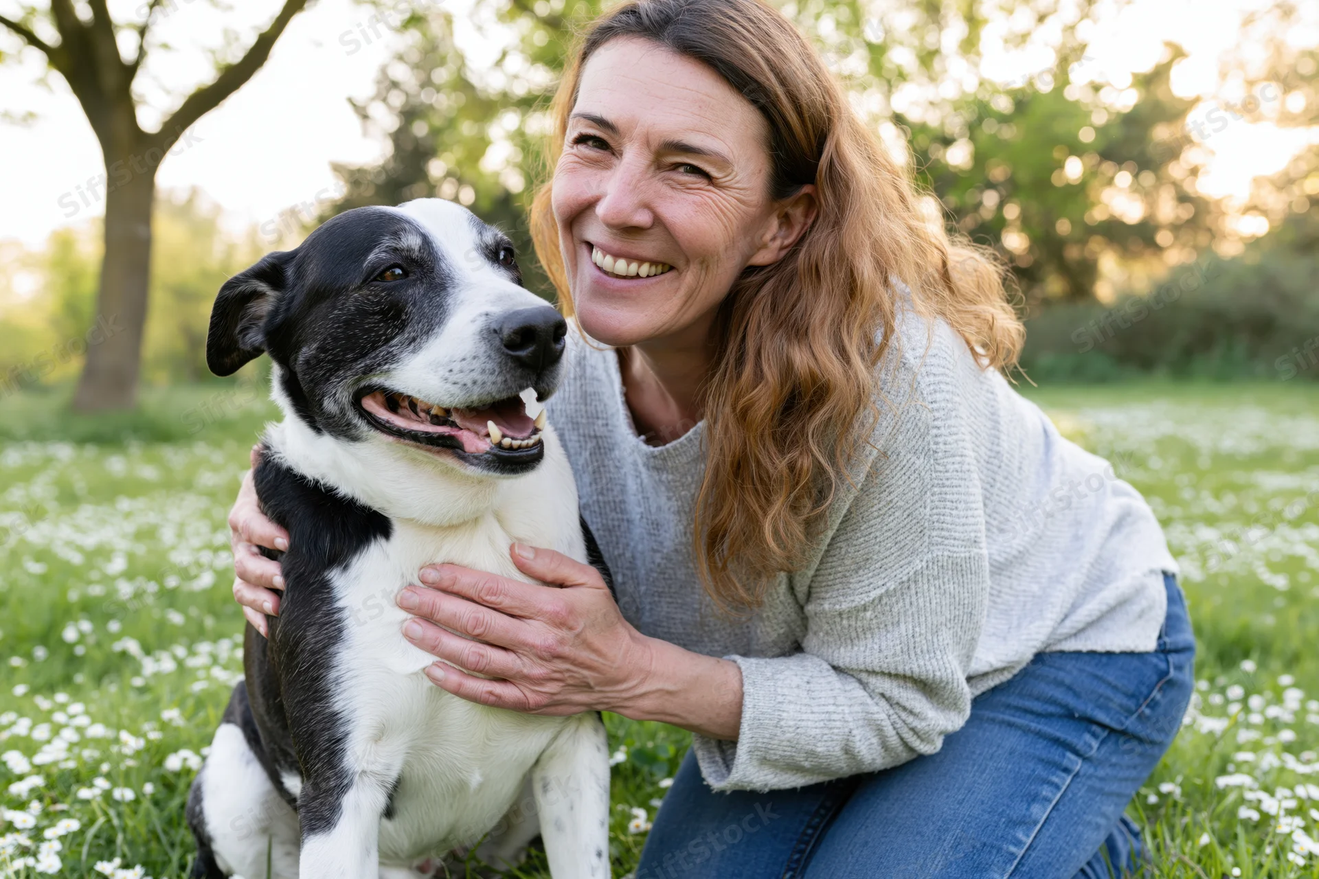 Woman hugging a black and white dog in a grassy park with white flowers