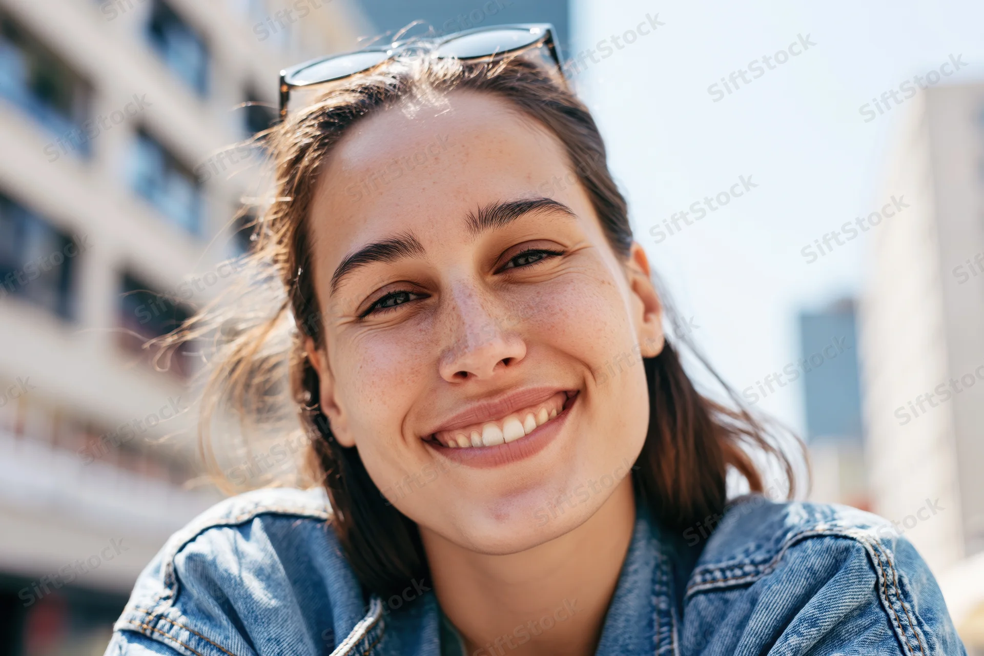Young woman smiling with head tilted wearing denim jacket and sunglasses outdoors in city