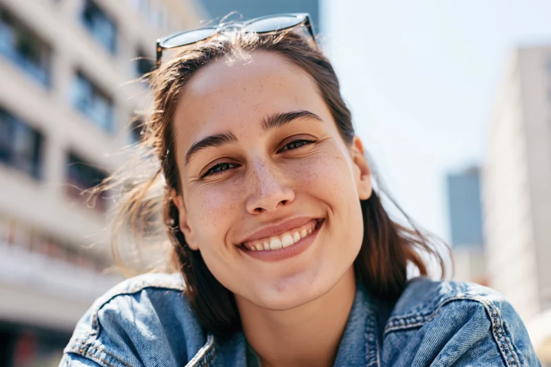 Young woman smiling with head tilted wearing denim jacket and sunglasses outdoors in city