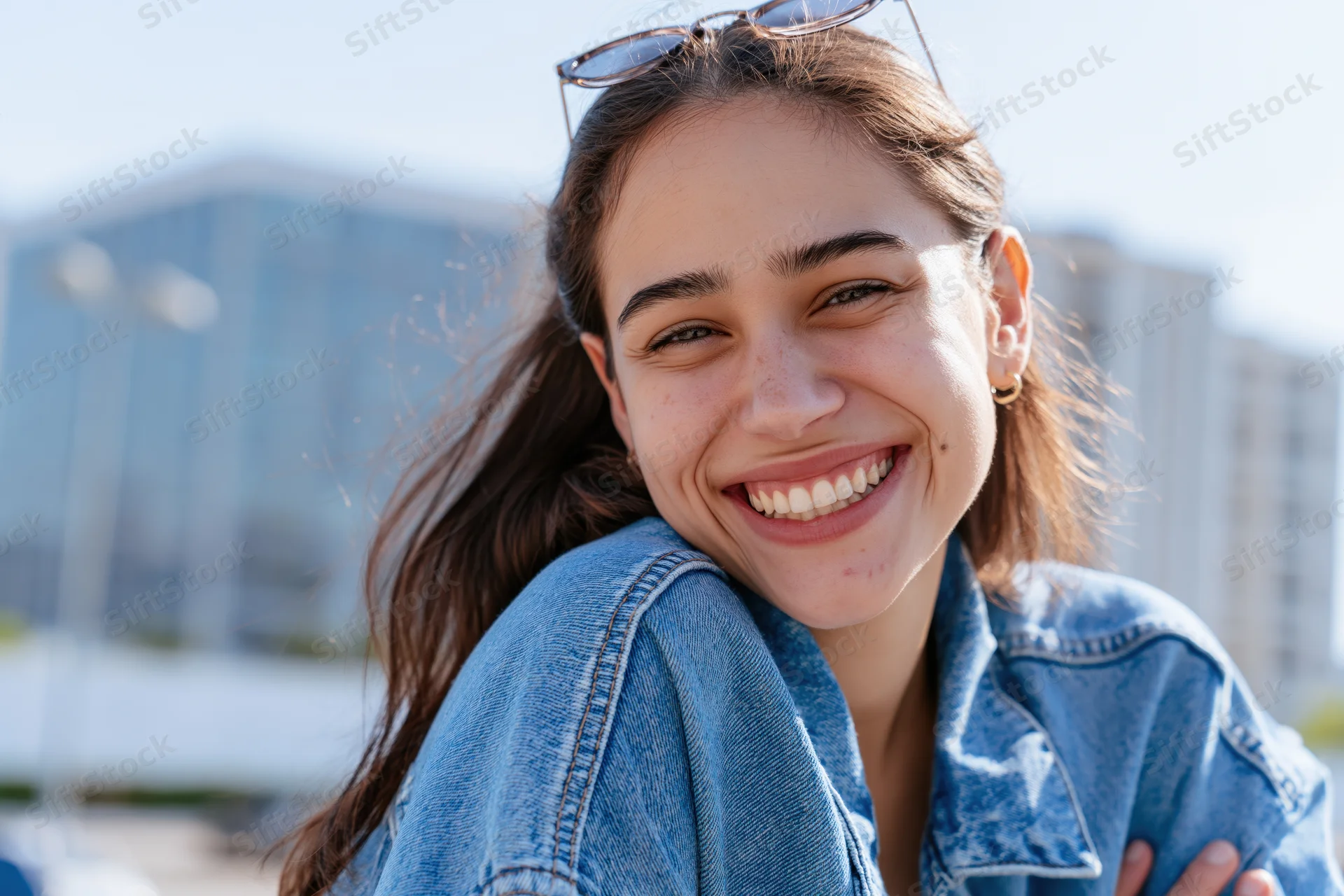 Young woman smiling with head tilted wearing denim jacket outdoors in city setting