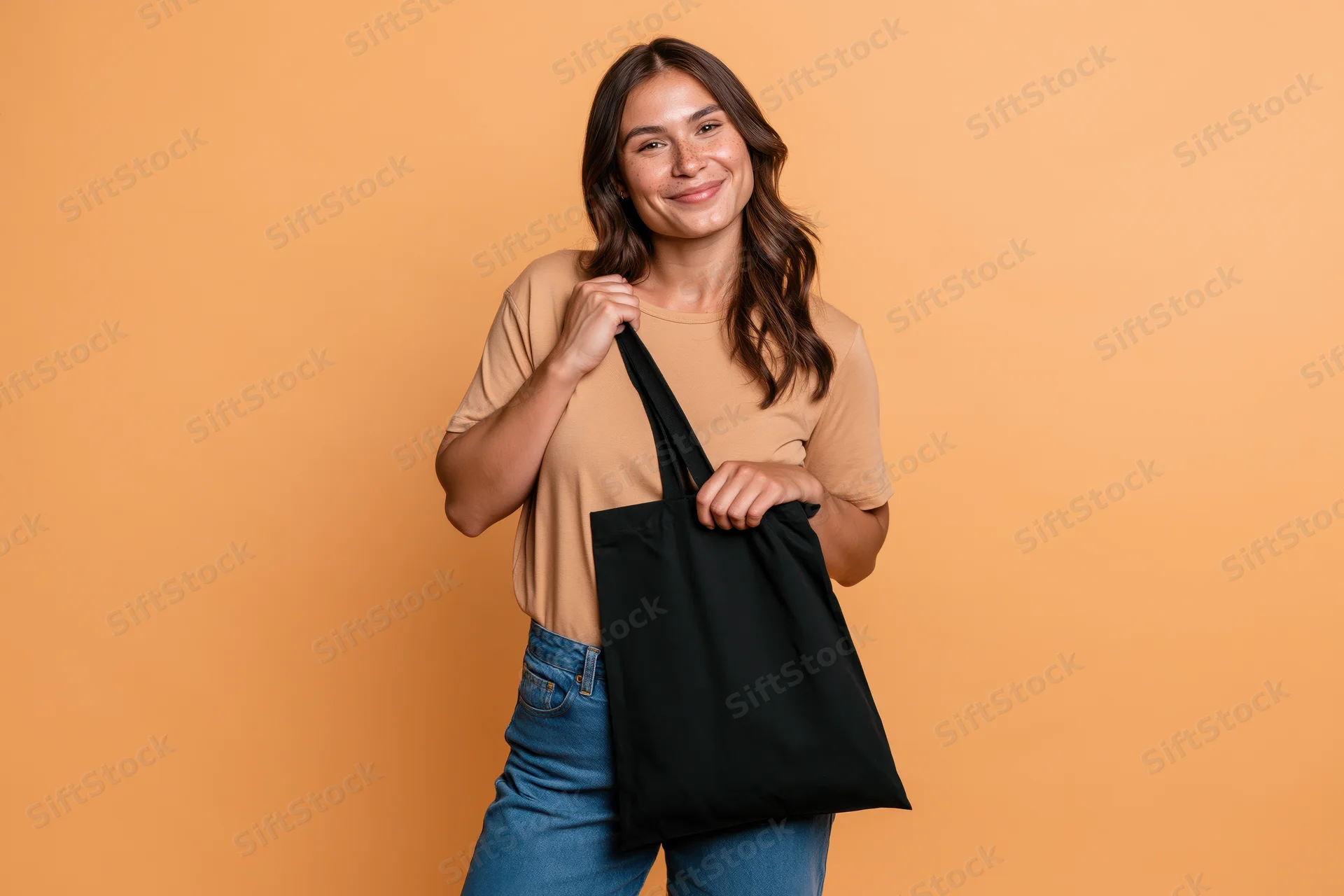 Young woman smiling while holding a black tote bag against orange background