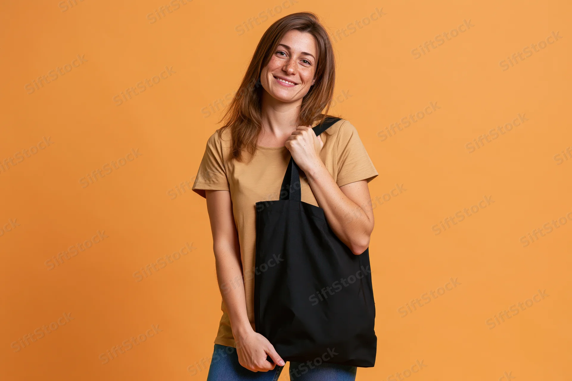 Young woman smiling while holding a black tote bag against orange background