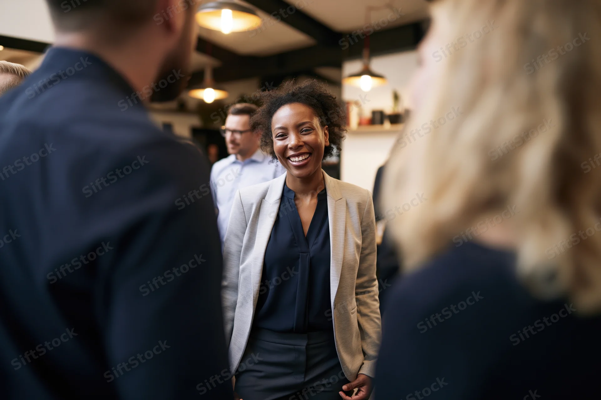 Woman smiling during office social gathering with colleagues in modern workplace