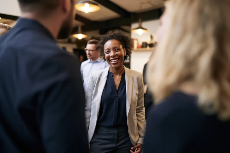 Woman smiling during office social gathering with colleagues in modern workplace