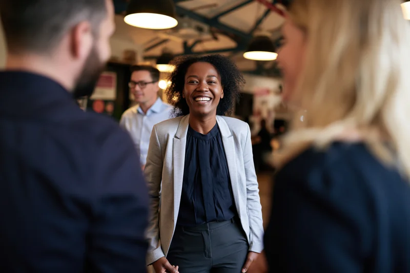 Woman smiling during office social interaction with colleagues