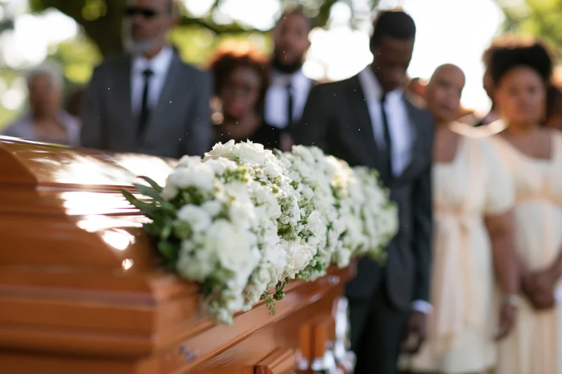 Polished wooden coffin with white floral arrangement at outdoor funeral, mourners in formal attire standing behind