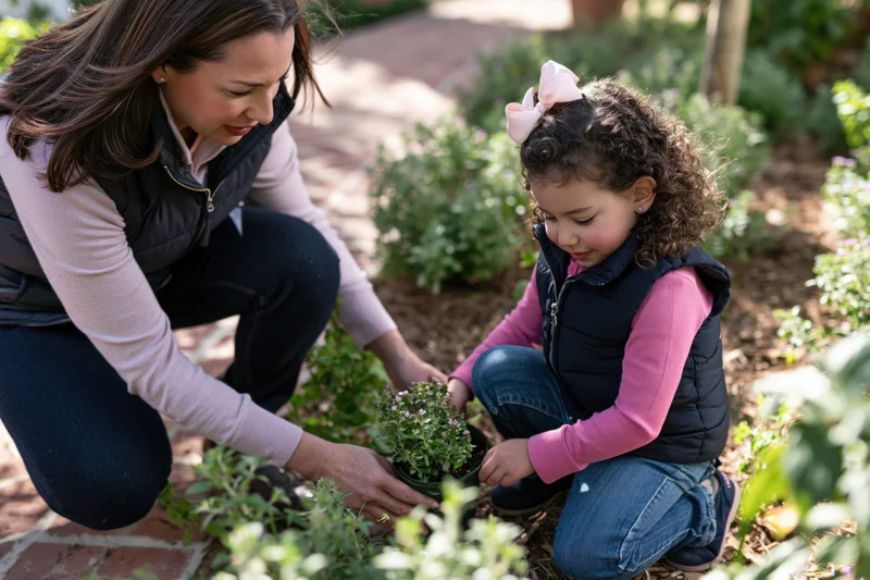 Mother and daughter kneeling together in a garden, planting a potted herb beside a brick pathway