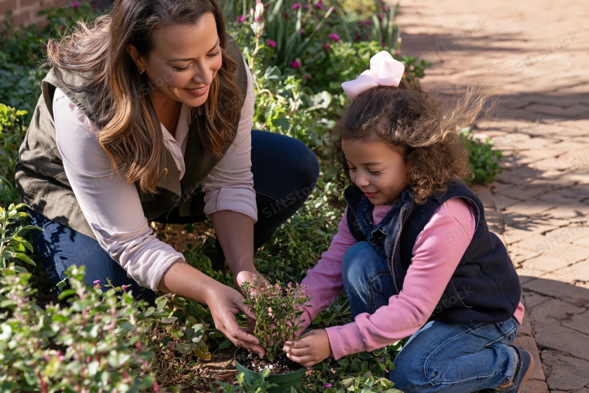 Woman and child planting a potted flower in a garden beside a brick path
