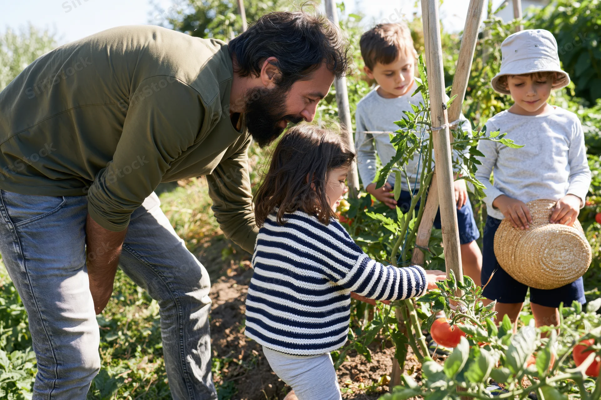 Father and children harvesting tomatoes in a garden together
