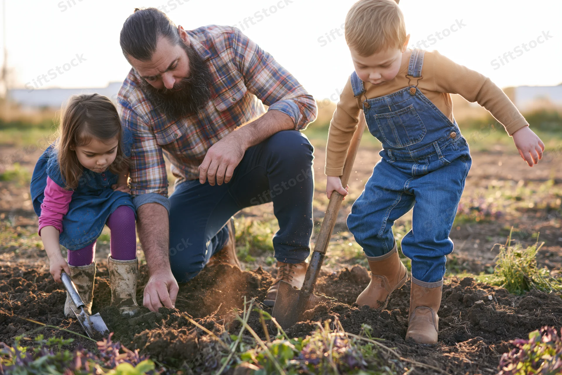 Father and children digging in soil with shovels and trowels in a garden field