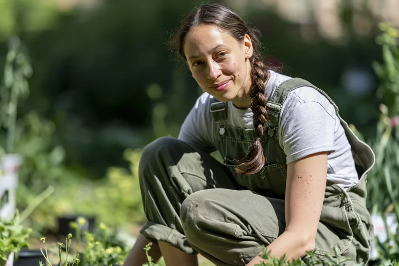 Young woman crouching in a garden surrounded by plants and greenery