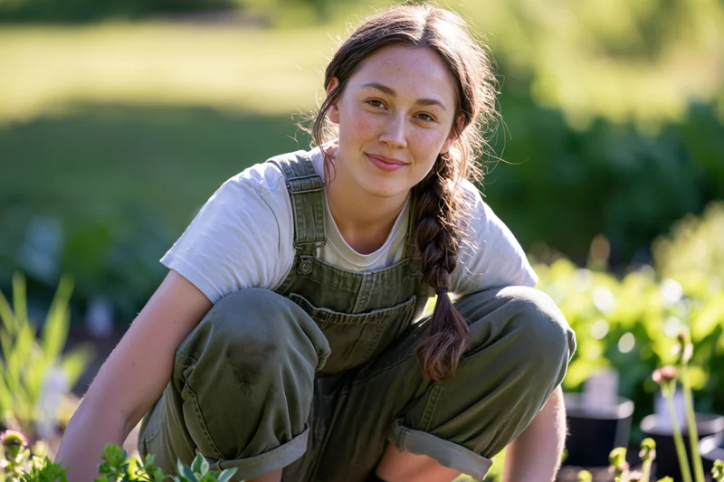 Young woman crouching in a garden surrounded by plants and greenery
