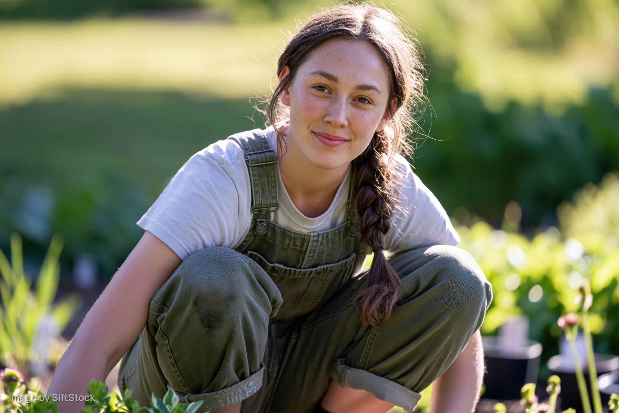 Young woman crouching in a garden surrounded by plants and greenery