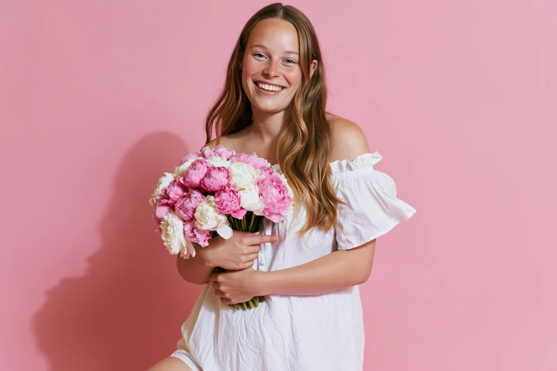 Young woman smiling while holding a bouquet of pink and white peonies against a pink background