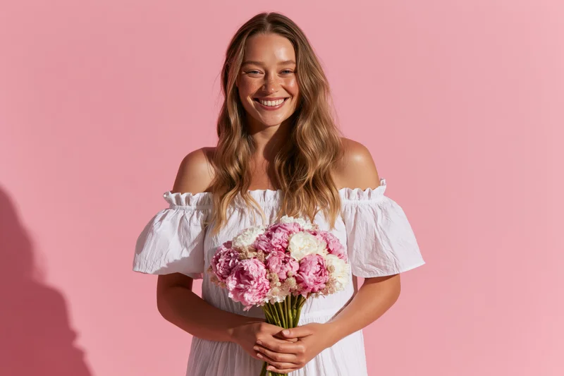 Smiling young woman holding a bouquet of pink and white peonies against a pink background