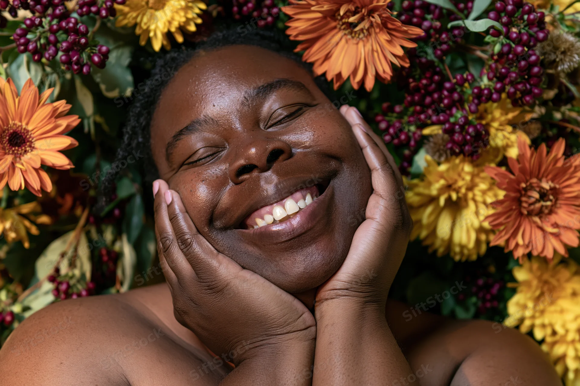 Black woman smiling with hands on cheeks surrounded by autumn flowers