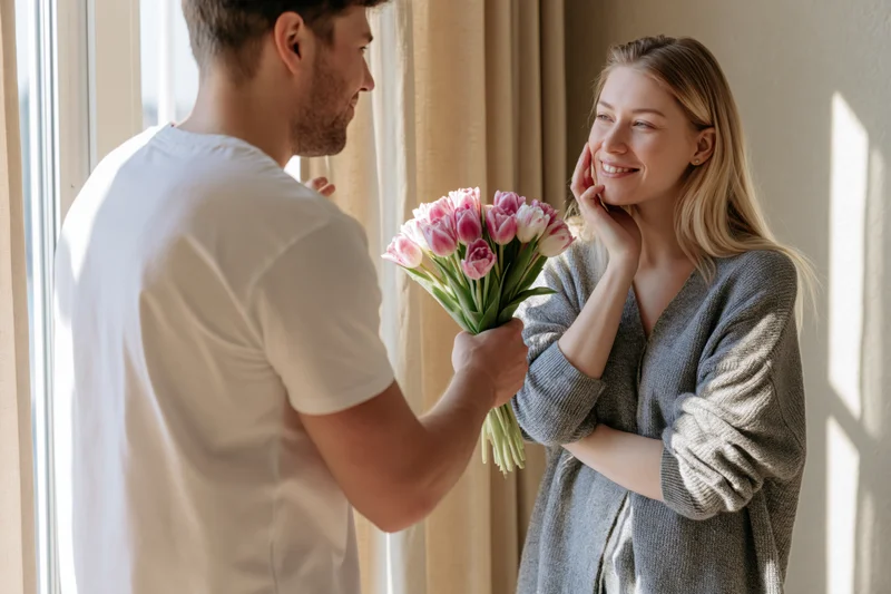 Man presenting a bouquet of pink tulips to a smiling woman by a sunlit window