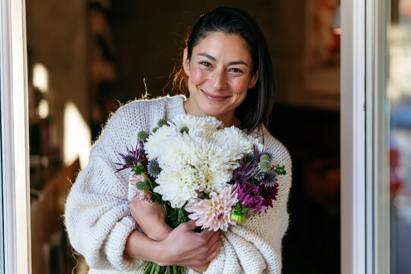 Woman smiling while holding a bouquet of white and purple flowers in a doorway