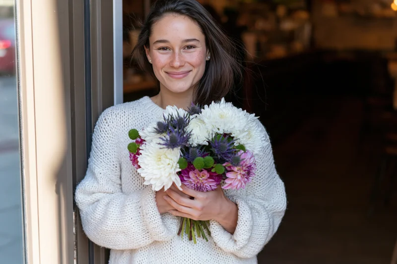 Woman smiling while holding a bouquet of white pink and purple flowers at a shop doorway