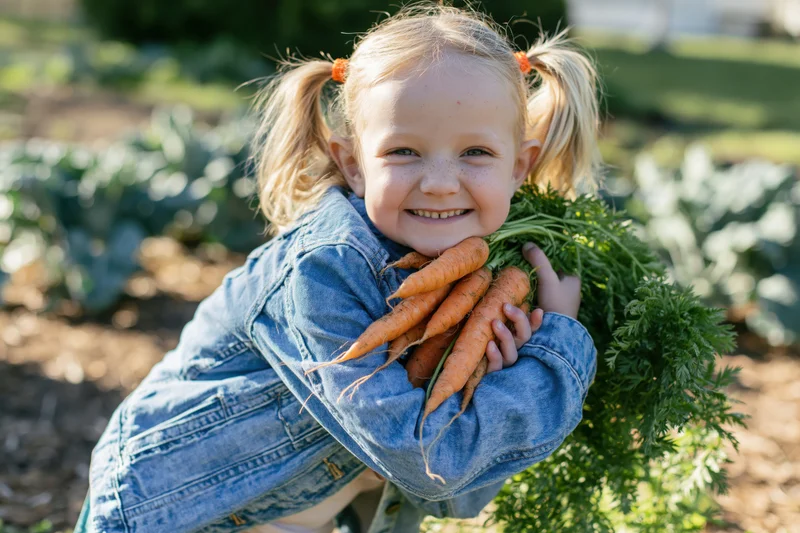 Young girl smiling while holding freshly harvested carrots in a sunlit garden