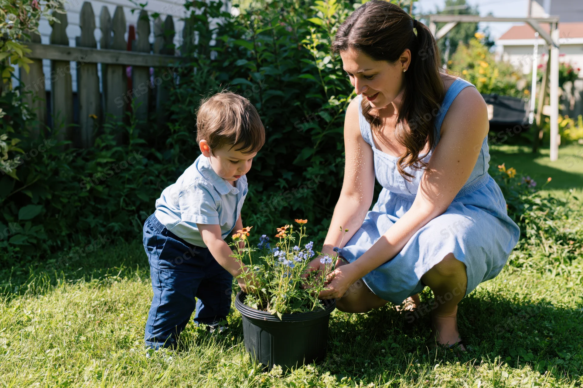 Woman and toddler tending potted flowers in a sunlit backyard garden