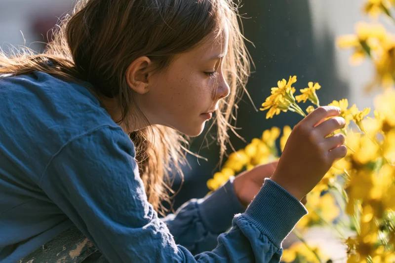 Young girl smelling yellow flowers in a garden on a sunny day