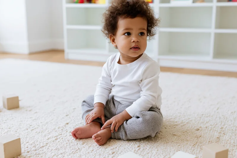 Toddler sitting on pale rug in bright playroom with wooden blocks scattered around
