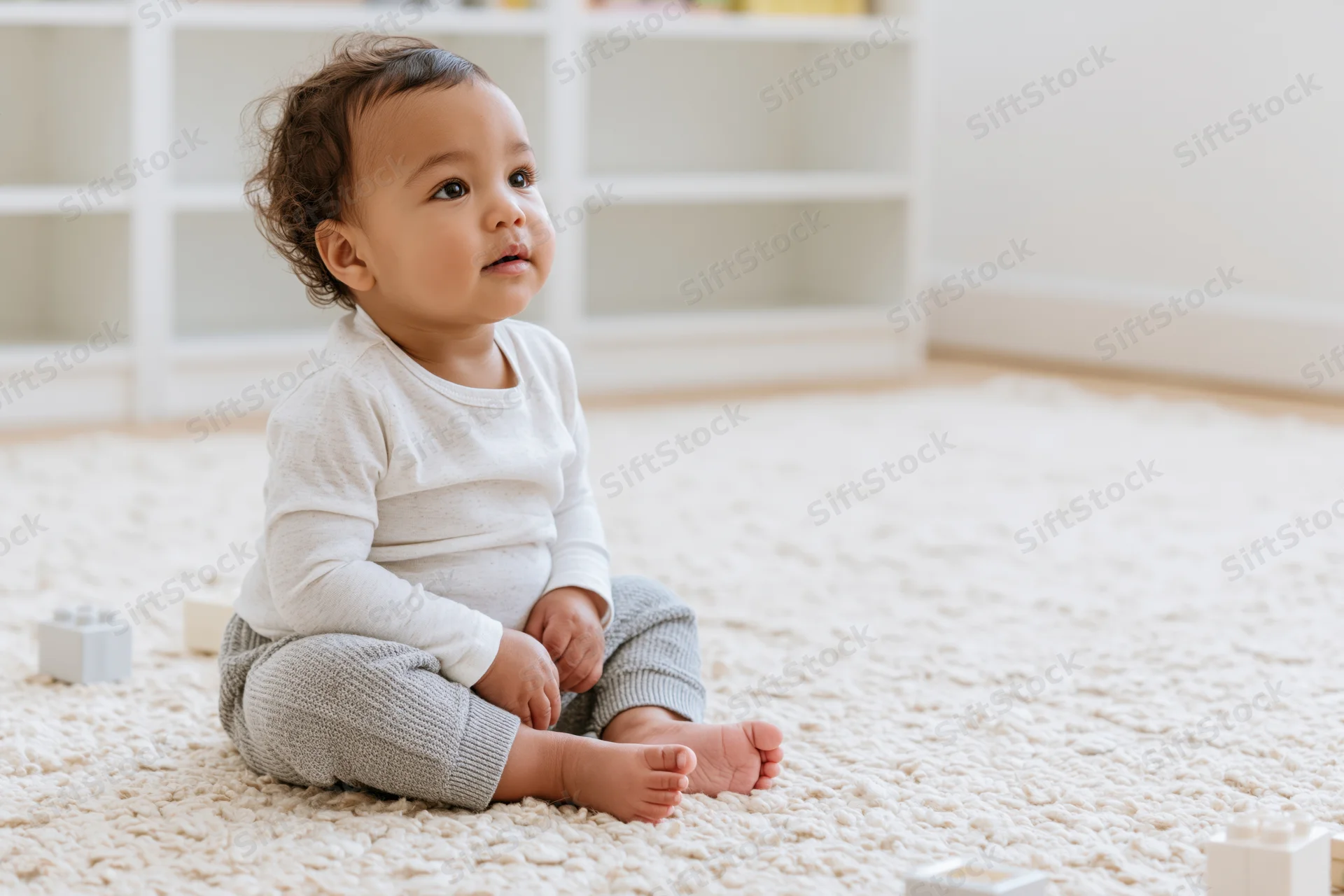 Toddler sitting on a pale rug in a bright playroom with white shelves and toys scattered around