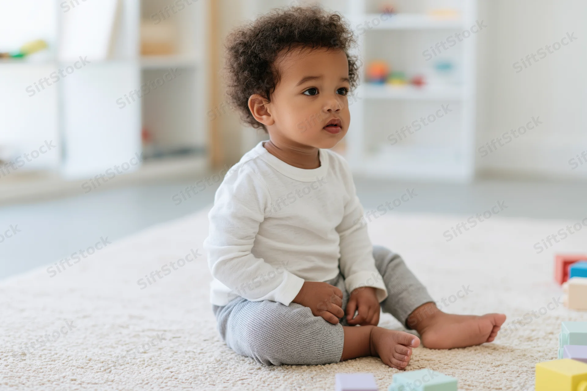 Toddler sitting on pale rug in bright playroom surrounded by colorful blocks