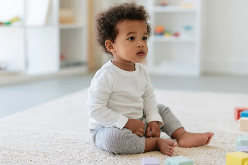 Toddler sitting on pale rug in bright playroom surrounded by colorful blocks