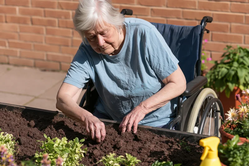 Elderly woman in wheelchair tending soil in raised garden bed outdoors
