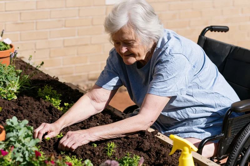 Elderly woman in wheelchair tending plants in raised garden bed outdoors