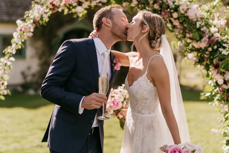 Bride and groom kissing under a floral arch in a garden during their wedding ceremony