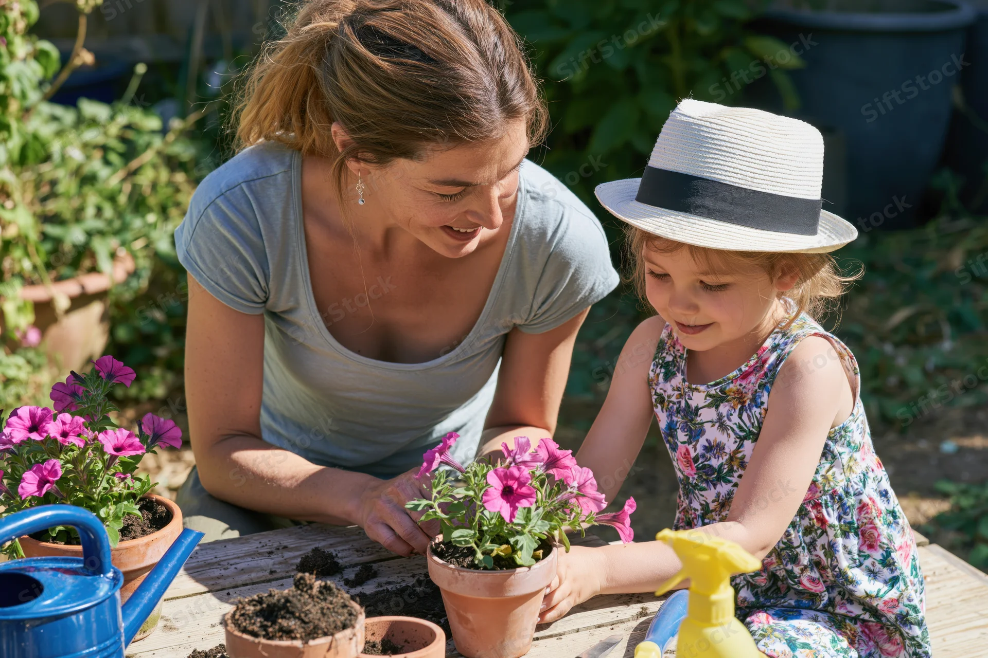 Woman and child planting flowers together at a garden table outdoors