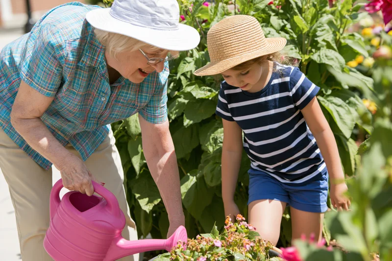 Elderly woman and young girl watering flowers in a garden together